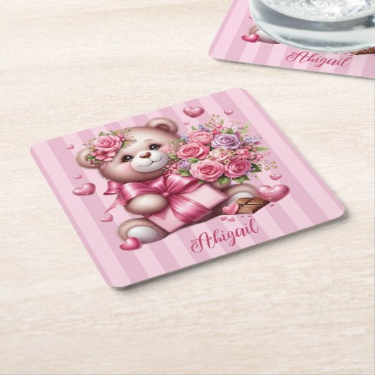 Valentijnsdag Liefde Roos Beer Kartonnen Onderzetters (Schuin)