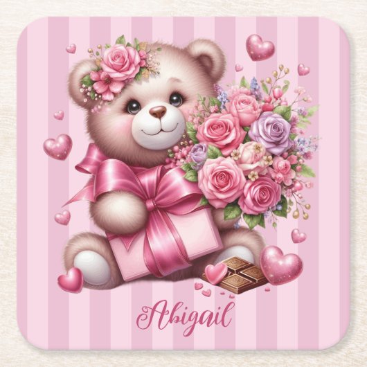 Valentijnsdag Liefde Roos Beer Kartonnen Onderzetters (Voorkant)