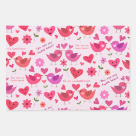 Valentijnsdag liefdes vogels patroon rood en roze  inpakpapier vel
