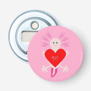 Valentijnsdag Love Heart Axolotl Monogram Aangepas Button Flesopener