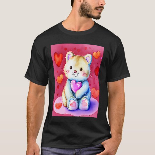 Valentijnsdag Love Heart Cat Teddy Vriendin Fi T-shirt (Voorkant)