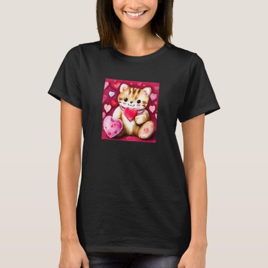 Valentijnsdag Love Heart Cat Teddy Vriendin Fi T-shirt (Voorkant)