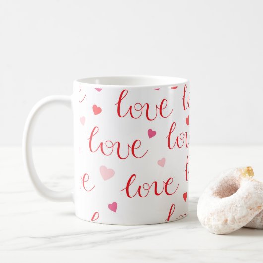 Valentijnsdag Love Hearts Red Pink Pattern Koffiemok (Met donut)
