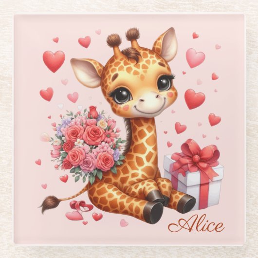 Valentijnsdag Love Rose Boeket Giraffe Glazen Onderzetter (Voorkant)