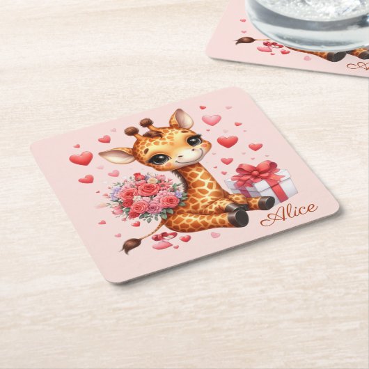 Valentijnsdag Love Rose Boeket Giraffe Kartonnen Onderzetters (Schuin)
