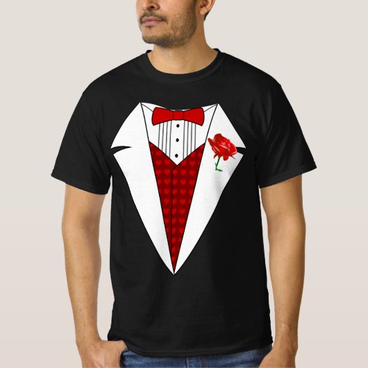 Valentijnsdag Lover Tuxedo T-Shirt met Red Rose (Voorkant)