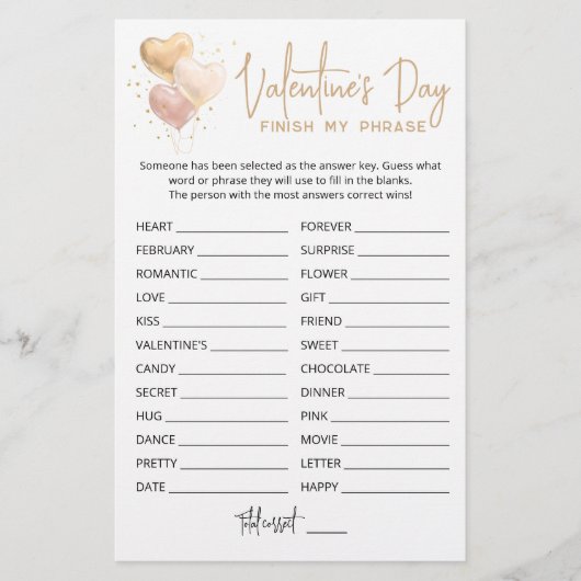 Valentijnsdag Maak mijn zin af Bewerkbaar spel (Voorkant)