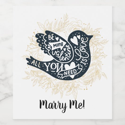 Valentijnsdag Marry Me Goud Bloemen Folk Art Bird Wijn Etiket (Enkel label)