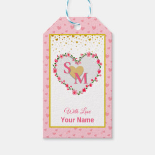 Valentijnsdag met rode initiaal en gouden hart cadeaulabel