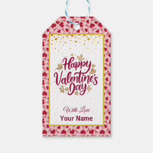 Valentijnsdag met rode initiaal en gouden hart cadeaulabel