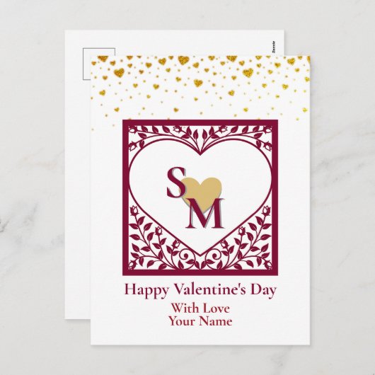 Valentijnsdag met rood Initiaal en gouden hart Feestdagenkaart (Voorkant / Achterkant)