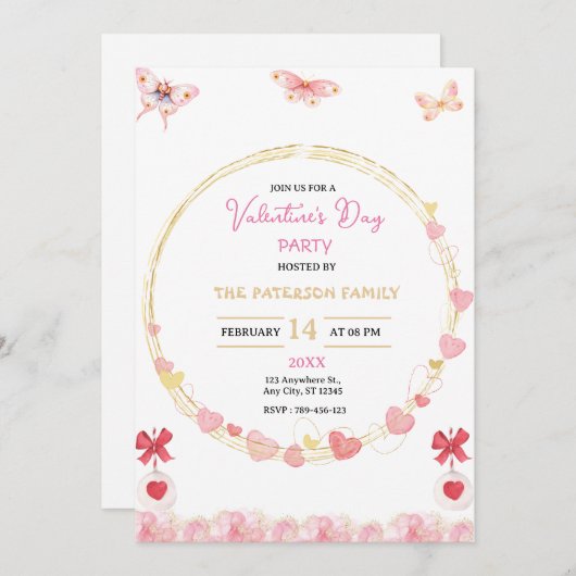 Valentijnsdag met roze en gouden harten kaart (Voorkant / Achterkant)