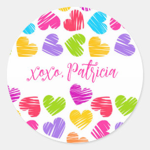 Valentijnsdag Moderne Hartjes XOXO Naam Ronde Sticker
