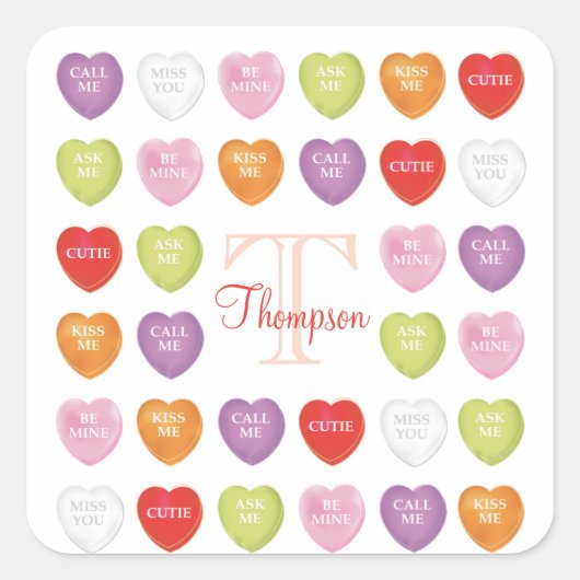 Valentijnsdag Monogram Cute Heart Snoep Throw Pi Vierkante Sticker (Voorkant)