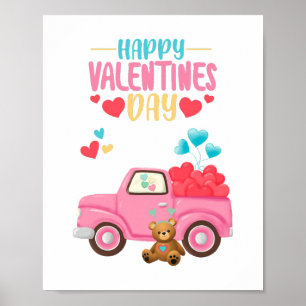 Valentijnsdag Mooie Hartjes Roze Truck Teddybeer Poster