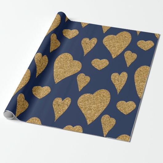 Valentijnsdag Navy Blue en Gold Hearts Cadeaupapier (Uitgerold)