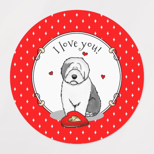 Valentijnsdag Oud Engels Sheepdog Grey 1 Cute Labels (Design 2)