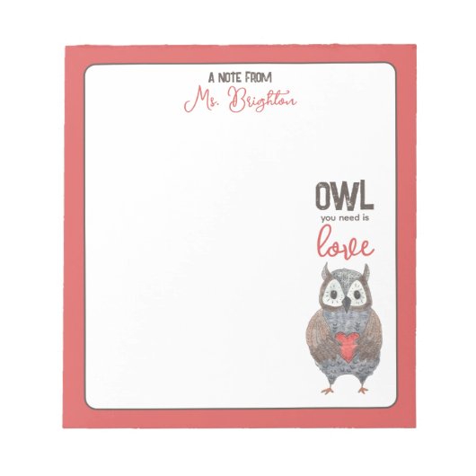 Valentijnsdag Owl Teacher Gift Notitieblok (Voorkant)