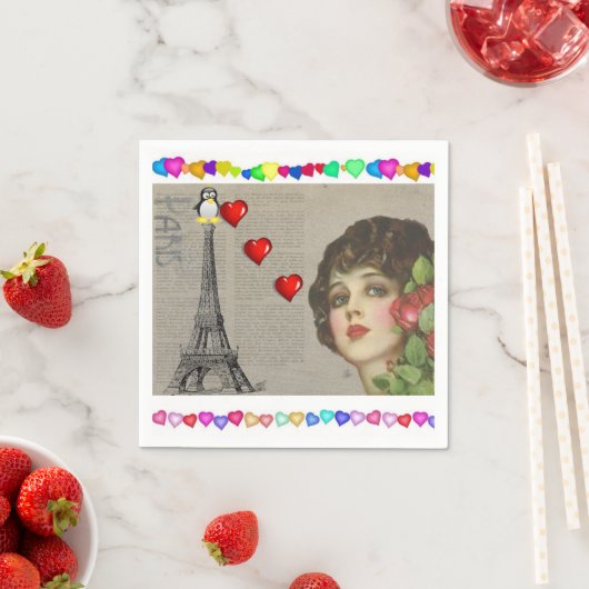 Valentijnsdag Paper Napkins, Penguin Hearts Servet (Insitu)