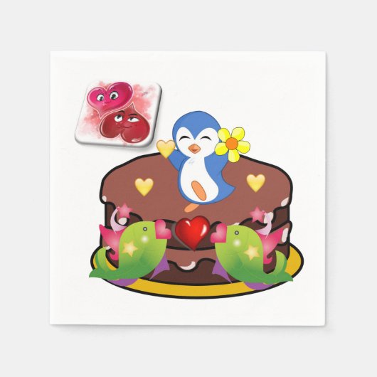 Valentijnsdag Paper Napkins, Penguin Hearts Servet (Voorkant)