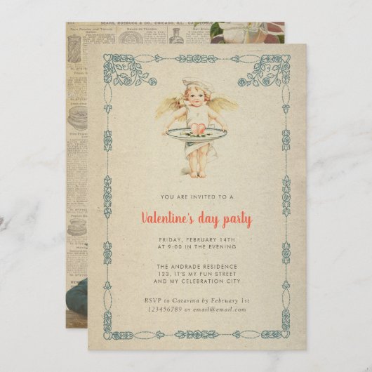 Valentijnsdag Partij Cupid Rozen Antiek Kaart (Voorkant / Achterkant)