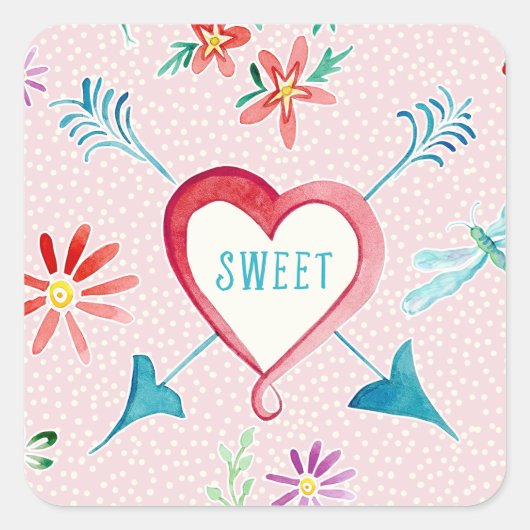 Valentijnsdag Party Favor Seals Hearts N Flowers Vierkante Sticker (Voorkant)