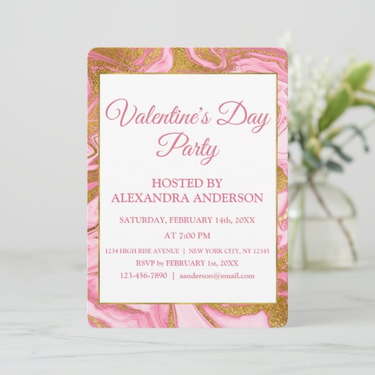 Valentijnsdag Party Gold Folie & Hot Pink Marmer Kaart (Staand voorkant)