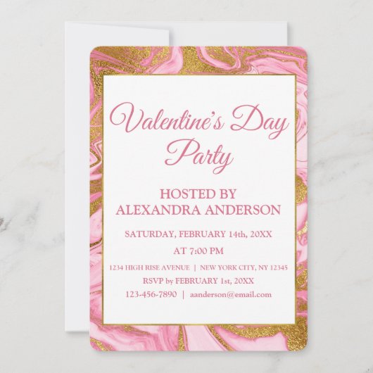 Valentijnsdag Party Gold Folie & Hot Pink Marmer Kaart (Voorkant)