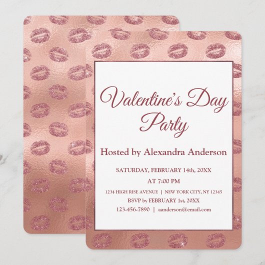 Valentijnsdag Party Roos Gold Lips Kusjes Kaart (Voorkant / Achterkant)