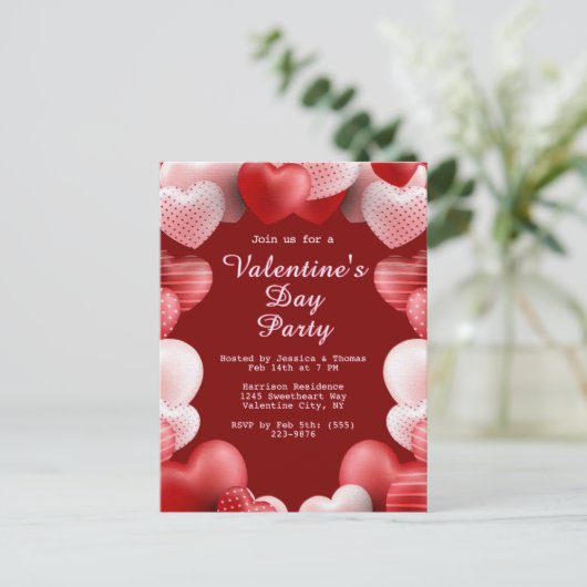 Valentijnsdag Party Roze & Rode Liefde Harten Feestdagenkaart (Staand voorkant)