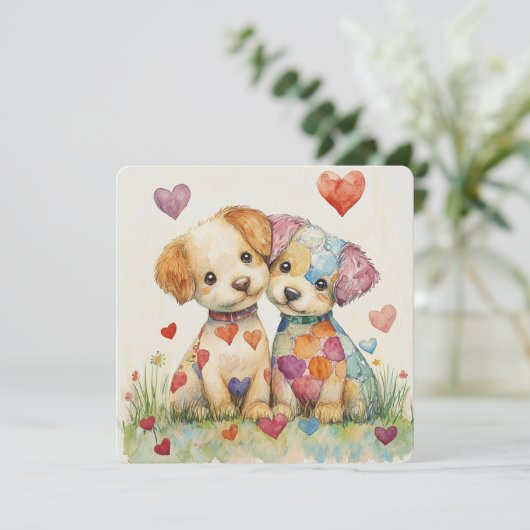 Valentijnsdag Patchwork Puppies Feestdagenkaart (Staand voorkant)