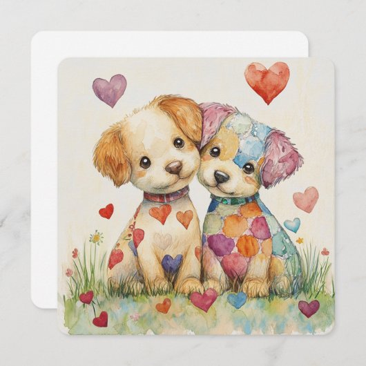 Valentijnsdag Patchwork Puppies Feestdagenkaart (Voorkant / Achterkant)