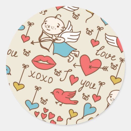 Valentijnsdag Patroon met Cupid Ronde Sticker (Voorkant)