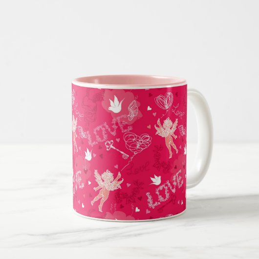 Valentijnsdag Patroon met Cupid Tweekleurige Koffiemok (Voorkant rechts)