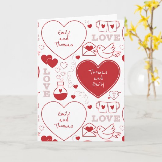 Valentijnsdag-patroon wenskaart - Rood op Wit Kaart (Gele Bloem)