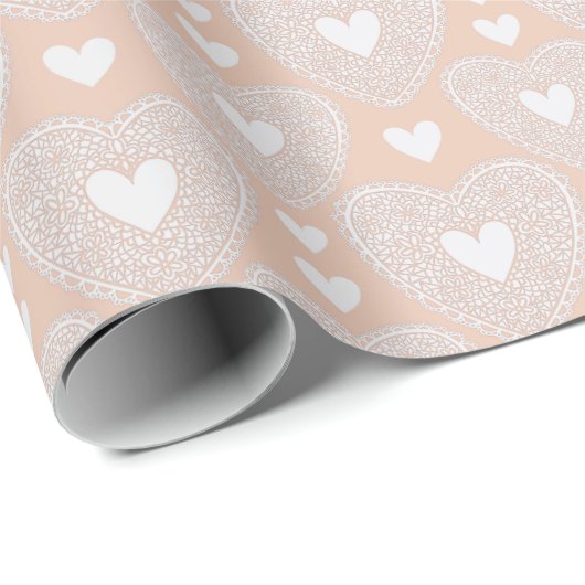 Valentijnsdag Peach Lace Hartbeeld Cadeaupapier (Rol Hoek)