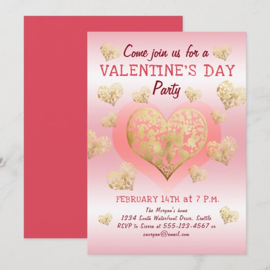 Valentijnsdag Pink Gold Hearts Kaart (Voorkant / Achterkant)