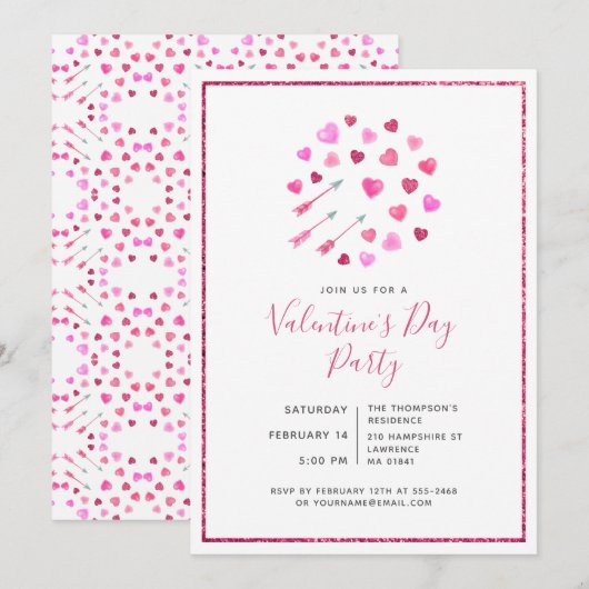 Valentijnsdag Pink Hearts & Arrows Uitnodiging (Voorkant / Achterkant)