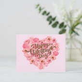 Valentijnsdag Pink Peony Floral Heart Briefkaart (Staand voorkant)