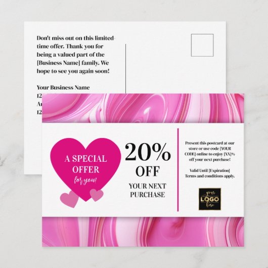 Valentijnsdag Pink Swirls Coupon Korting Briefkaart (Voorkant / Achterkant)