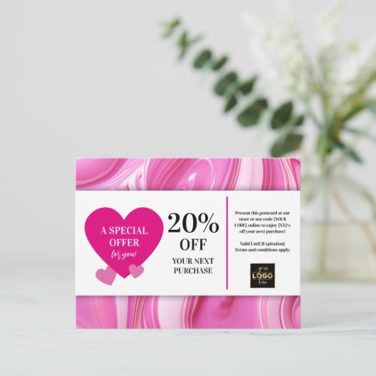 Valentijnsdag Pink Swirls Coupon Korting Briefkaart (Staand voorkant)