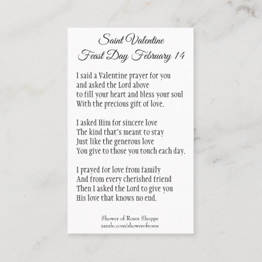 Valentijnsdag Prayer Heilige Kaart met Heilige Sto Visitekaartje (Achterkant)
