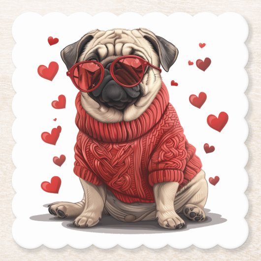 Valentijnsdag Pug Dog Kartonnen Onderzetters (Voorkant)