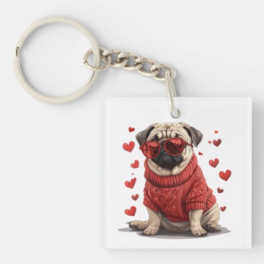 Valentijnsdag Pug Dog Sleutelhanger (Voorkant)