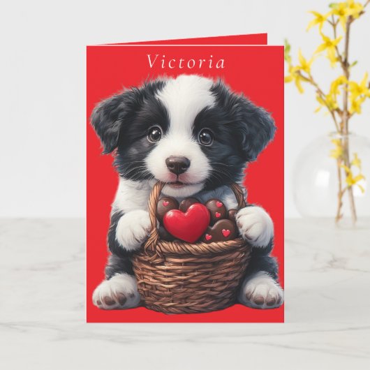 Valentijnsdag Puppy Rode Chocolade Hartjes Kaart (Gele Bloem)