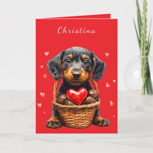 Valentijnsdag Puppy Roze Chocolade Harten Mand Kaart (Voorkant)