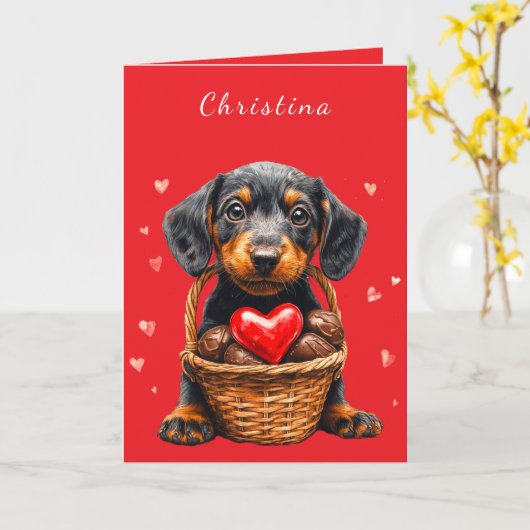 Valentijnsdag Puppy Roze Chocolade Harten Mandje Kaart (Gele Bloem)