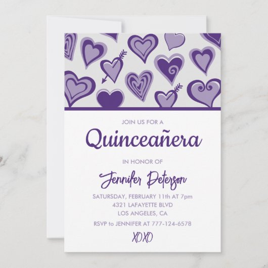 Valentijnsdag quinceanera uitnodiging hart paarse (Voorkant)