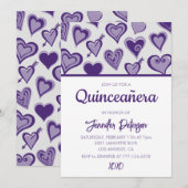 Valentijnsdag quinceanera uitnodiging hart paarse (Voorkant / Achterkant)