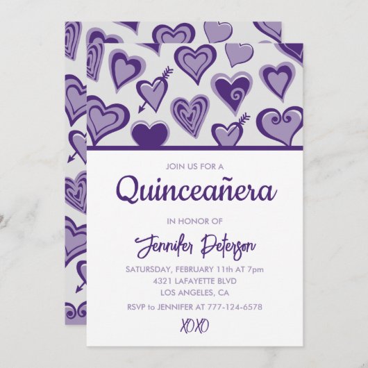Valentijnsdag quinceanera uitnodiging hart paarse (Voorkant / Achterkant)